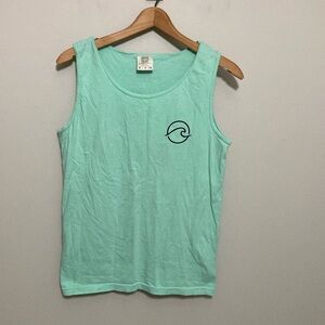 Comfort Colors Aqua Green and Navy blue Tank Top, wake & lake, size small